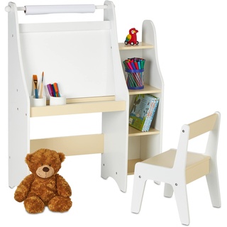 Relaxdays Kindertafel, mit Kinderstuhl, Fächern & Papierrolle, HBT: 90 x 72 x 30 cm, Maltafel Kinderzimmmer, weiß/beige