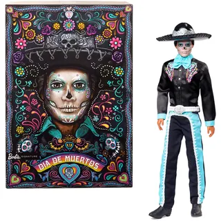 Barbie Signature Puppe, 2024 Día De Muertos Ken Sammelfigur im schwarzen Anzug mit himmelblauen Akzenten, Hut- und Gürtelzubehör, HRM73