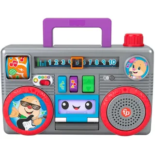 Fisher-Price Laugh & Learn Busy Boombox Retro-inspiriertes musikalisches Kleinkindspielzeug mit Lerninhalten für Babys und Kleinkinder, Version: Englisch; Italienisch; Portugiesisch; Spanisch, HHX10