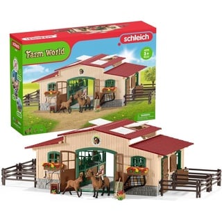 schleich 42195 FARM WORLD Stall mit Pferden und Zubehör, 96 Teile Pferdestall Spielset mit 2x schleich Pferde Figuren, 1x Reiterin-Figur & viel Zubehör, Spielzeug für Kinder ab 3 Jahren