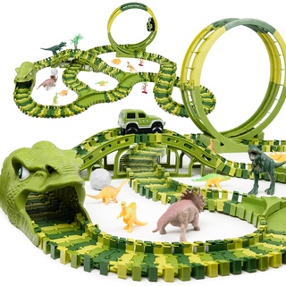 CELMAN Dinosaurier Rennbahn – Flexibles Rennbahnset für Kinder, Kreatives Dino Spielzeug mit viele Teilen und Geländewagen – Pädagogisches Konstruktionsspielzeug ab 3 4 5 6 7 8 Jahren (D-260)