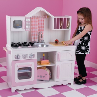 KidKraft 53222 Moderne Land Holz Spielzeug Küche Pretend Play Spielzeugküche für Kinder, weiß/rosa, M