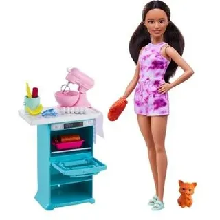 MATTEL HCD44 Barbie-Puppe und Küchen-Spielset mit Haustier und Zubehör