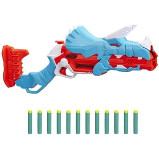 Nerf DinoSquad Tricera-Blast Dart-Blaster, aufklappbarer 3-Dart Lauf, 12 Nerf Darts, Dart-Aufbewahrung, Triceratops Dinosaurier Design