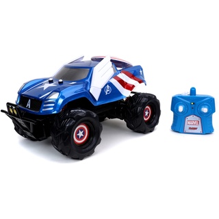 Jada Toys 253228001 Marvel RC Captain America Attack, ferngesteuertes Auto, mit Turbo, USB Ladefunktion, 3,6 m/s, Kontrolldistanz 25 m, Maßstab 1:14, blau