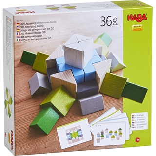 HABA 305461 - 3D-Legespiel Würfelmosaik Nordic, Holzbausteine in unterschiedlichen Formen und Farben zum Legen und Stapeln, mit Vorlagekarten zum Nachbauen, Spielzeug ab 3 Jahren