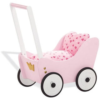 Pinolino Puppenwagen Prinzessin Lea, aus Holz, mit Bremssystem, Lauflernhilfe mit gummierten Holzrädern, für Kinder von 1 – 6 J., rosa, weiß und gold