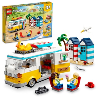 LEGO Creator 3 in 1 Bausatz für Wohnmobil Eisdiele Strandhaus, tolles Geschenk für Surfer, Jungen und Mädchen, Strandsimulationsspiel, 31138