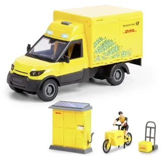 Dickie Toys - DHL Delivery Set (25 cm) - Paketzusteller-Spielset für Kinder ab 3 Jahre, DHL Postauto mit Postbote, Paketstation & Lastenfahrrad, Auto mit Licht & Sound, inkl. Batterien