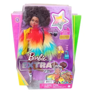 Barbie Stehpuppe Mattel GVR04 Barbie Extra - stylische Mode-Puppe mit Regenbogen Fellma bunt