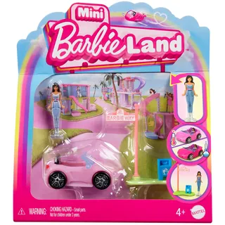 Barbie Mini BarbieLand Puppen und -Spielzeugfahrzeugset, ca. 4 cm große Barbie-Puppe und Cabrio mit Farbwechsel, Straßenschildzubehör, HYF42