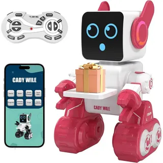 Powerwill Lernroboter Ferngesteuert Roboter Spielzeug für Kinder,Intelligent Programmier (wiederaufladbarer RC-Roboter-Bausatz), LED intelligenter Roboter,spricht Tanzbewegungen,integrierte Münzbank rosa