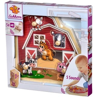 Eichhorn - Puzzle mit Sound - Bauernhof Steckpuzzle aus FSC 100% zertifiziertem Holz, mit fünf Tiersounds, Katze, Kuh, Pferd, Hund und Schwein, 6 teilig, 25x25 cm groß