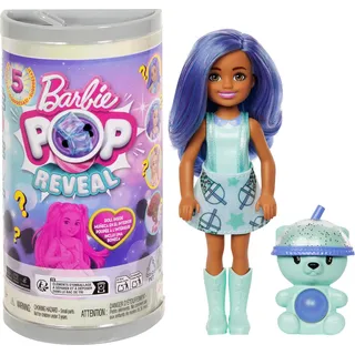 Barbie Chelsea Pop Reveal Bubble Tea Serie Puppe mit Verpackung im Teedosendesign und 5 Überraschungen, darunter duftende kleine Puppe, Pop-it-Tier und Farbwechsel (Stile können abweichen), HRK63