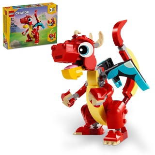 LEGO Creator 3 in 1 Roter Drache Spielzeug, Verwandelt sich vom Drachenspielzeug zum Fischspielzeug zu Phönix-Spielzeug, Geschenkidee für Jungen und Mädchen ab 6 Jahren, Tierspielzeug-Set für Kinder,