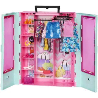 Barbie Kleiderschrank mit Kleidung und Accessoires, Garderobenschrank mit Falttüren und Tragegriff, Puppen Nicht enthalten, Geschenk für Kinder, Spielzeug ab 3 Jahre, HKR92