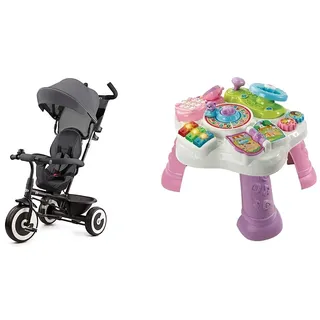 Kinderkraft Aston Dreirad ab 9 Monate bis 25 kg, Kinderdreirad mit schubstange & VTech Baby Abenteuer Spieltisch pink – Bunter Babyspieltisch mit 6 Spielfeldern und interaktiven Elementen – Farben