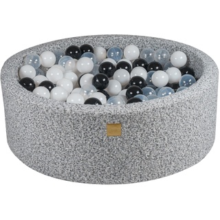 MEOWBABY Bällebad Baby - Rund 90x30cm Ballgruben für Kinder mit 200 Bälle, Boucle, Grau Melange: Schwarz/Weiß/Transparent