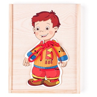 Woodyland Lernspielzeug Holzfädelspiel / Anziehspiel "Junge mit Kleidung", 10 teilig. Holzbox, Fädelspiel in einer Box