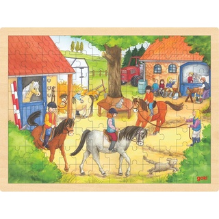 Puzzle aus Holz Einlegepuzzle Reiterhof goki 96 Teile Ponyhof Holzpuzzle mit Palandi® Sticker