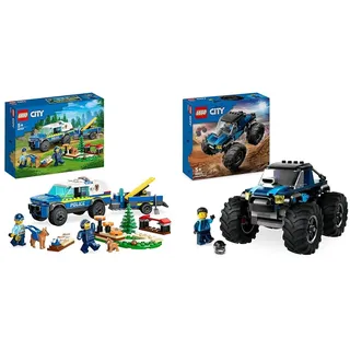 LEGO City Mobiles Polizeihunde-Training, Polizeiauto-Spielzeug mit Anhänger & City Blauer Monstertruck, Offroad-Auto-Spielzeug, Fahrzeug-Set mit Rennfahrer-Minifigur