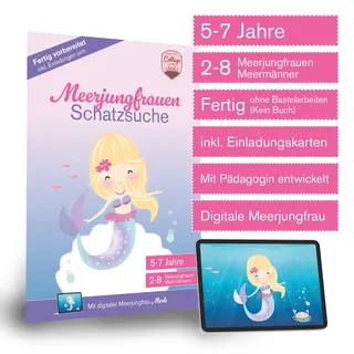 Schnitzeljagd Meerjungfrau – 5-7 Jahre – Komplettes Set mit Einladungskarten digitaler Meerjungfrau, Schatzkarte – komplett vorbereitet (kein Buch)