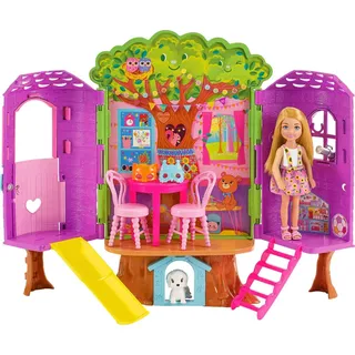 Barbie - Chelsea-Puppe und Baumhaus-Spielset mit Hündchen mit Möbeln, Rutsche und mehr als 10 Zubehörteile für endlosen kreativen Spielspaß, für Kinder ab 3 Jahren, HPL70