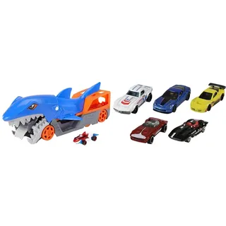 Hot Wheels GVG36 - Hungriger Hai-Transporter-Spielset mit 1 Fahrzeug im Maßstab 1:64, Spielzeug Autorennbahn für Kinder von 4 bis 8 Jahren & 1806 - Geschenkset, je 5 Fahrzeuge, 5er Pack