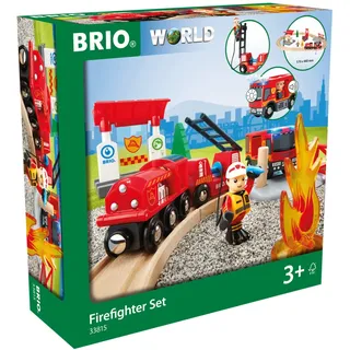Brio World 33815 Feuerwehr-Set - Holzeisenbahn-Set Inklusive Feuerwehr-Auto Mit Licht Und Sound - Empfohlen Für Kinder Ab 3 Jahren
