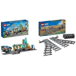 LEGO 60335 City Bahnhof, Spielzeug mit Schienen-LKW, Straßenplatte, Schienensegmenten und Minifiguren, Geschenk Set & 60238 City Weichen, 6 Elemente, Erweiterungsset