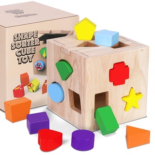 Steckwürfel aus Holz, Puzzle Steckbox für Kleinkinder, Motorikwürfel Steckspielzeug mit 12 Steckbausteinen, Holz-Würfel Lernspielzeug Formen und Tiere Steckspiel Spielbox ab 1 2 3 Jahr