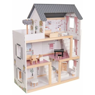 Coemo Puppenhaus, (möbliertes Puppenhaus Holz, 17-tlg), komplett eingerichtet, mit Möbeln aus Holz Puppenhaus Puppenstube Zubehör beige|weiß