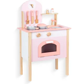 Rosa Hölzerne Kinderküche, Kinderspielküche mit Spüle Herd Backofen, Holzküche Spielzeugküche, Spielküche aus Holz mit Zubehör für Kinder ab 3 Jahren
