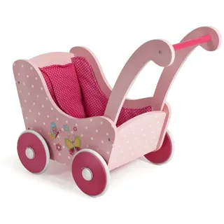 Holzpuppenwagen für Baby-Puppen bis 54 cm, Puppenwagen aus Holz, Schiebehöhe 43 cm, Papilio Pink