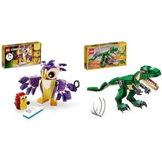 LEGO 31058 Creator Dinosaurier Spielzeug, Kinder & 31125 Creator 3-in-1 Wald-Fabelwesen: Hase - Eule - Eichhörnchen, Set mit Tierfiguren zum Bauen, Spielzeug ab 7 Jahre