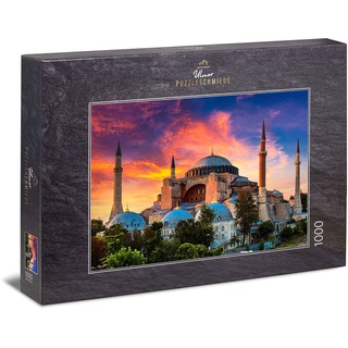 Ulmer Puzzleschmiede - Puzzle Istanbul - klassisches 1000 Teile Puzzle - Puzzlemotiv der Hagia Sophia vor leuchtendem Abendhimmel, Istanbul, Türkei