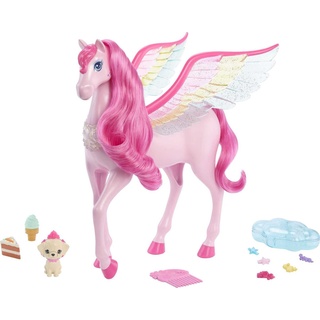 Barbie Rosa Pegasus mit 10 Zubehörteilen inklusive Welpe, geflügeltes Pferde-Spielzeug mit Lichtern und Geräuschen, Hauch von Magie