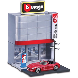 Bburago City Autohändler Set: Spielzeuggebäude, inklusive Zubehör und 1 Spielzeugauto (18-31501)