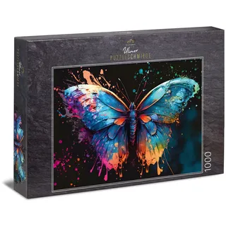 Ulmer Puzzleschmiede - Puzzle 1000 Teile „Magic Butterfly“ - Farbenfroher Schmetterling mit knalliger Farb-Explosion auf schwarzem Hintergrund - Puzzle-Kollektion Farben & Fantasy, Made in Germany