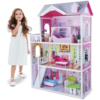 Moni Holz-Puppenhaus 4107 Aria 14-teilig mit Puppe, 3 Etagen, 4 Zimmer, Terrasse rosa