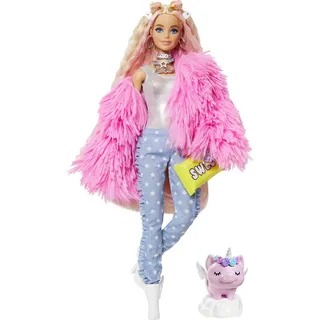 Barbie Extra, Barbie Puppe mit extra langen Haaren, inkl. Barbie Kleidung wie flauschiger Mantel und Barbie Zubehör wie Einhorn Schweinchen, Spielzeug ab 3 Jahre, GRN28