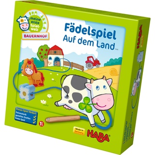 Haba 5580 - Meine erste Spielwelt Bauernhof Fädelspiel auf dem Land, liebevoll gestaltetes Lernspiel und Motorikspielzeug ab 18 Monaten, Holzspielzeug mit Bauernhofmotiven
