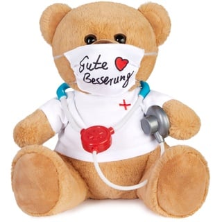 BRUBAKER Teddy Plüschbär mit Mundschutz und Stethoskop - Gute Besserung - 35 cm - Teddybär mit Arzt Shirt Weiß - Plüschteddy Kuscheltier Schmusetier - Braun Hellbraun