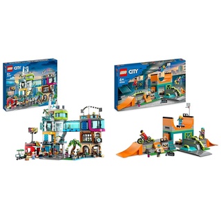 LEGO 60380 City Stadtzentrum Set & 60364 City Skaterpark, Spielzeug für Kinder ab 6 Jahren, mit BMX-Rad, Skateboard, Scooter, Inline-Skates und 4 Skater-Minifiguren zum Ausführen von Stunts, 2023 Set