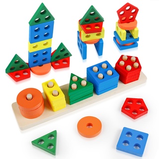 Teklemon Montessori Spielzeug ab 1 2 3 Jahre, 20 Pcs Holz Sortier & Stapelspielzeug Steckpuzzle, Formklassifizierung Steckwürfel Sortier & Stapelspielzeug Lernspielzeug Geschenk für Baby Mädchen Junge