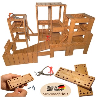 Mount-Flix Basis Set - kreatives Kinderspielzeug aus Biokunststoff mit 50% Holz, vielseitiges Kinder-Konstruktionsspielzeug, Baukasten mit 160 Bausteinen inkl. Zange und Stiften