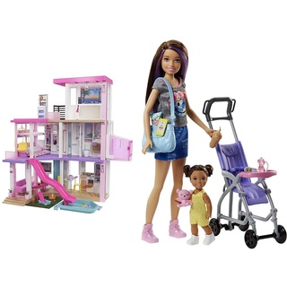 Barbie GRG93 - Traumvilla, dreistöckiges Puppenhaus (114 cm) mit Pool, Rutsche, Aufzug, Lichtern und Geräuschen & FJB00 - ​Skipper Puppen-Spielset mit hüpfendem Kinderwagen