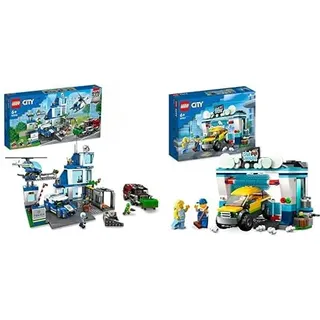 LEGO City Polizeistation mit Polizeiauto, Müllauto und Hubschrauber & City Autowaschanlage, Set mit Spielzeugauto für Kinder ab 6 Jahren