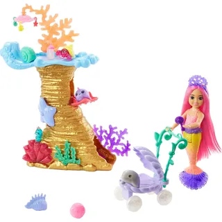 Barbie HHG58 - Meerjungfrauen Power Chelsea Meerjungfrau Puppe (Pinke Haare) Spielset mit 4 Haustieren, Korallenriff und diversem Zubehör, Spielzeug für Kinder ab 3 Jahren