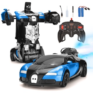 Transformations Roboter RC Auto mit Spray, Ferngesteuertes Auto für Kinder ab 6 7 8 9Jahre, Sportwagen Rennauto Spielzeug, Verformung Fahrzeug für Kinder, Geschenk für Jungen und Mädchen (Blau)
